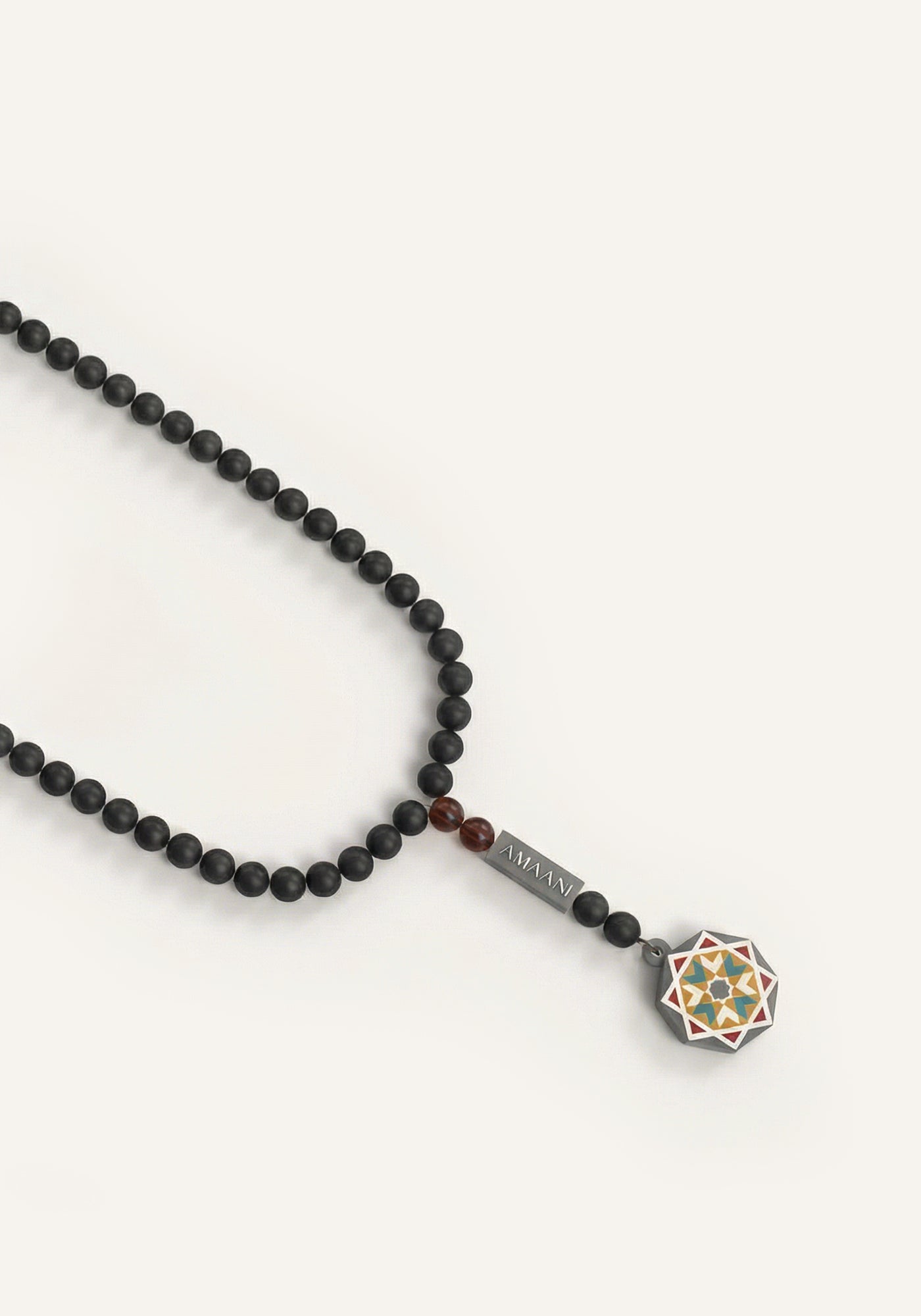 Amaani Dhikr Al-Qalb 99 bead tasbeeh in Onyx with Islamic geometric pendant