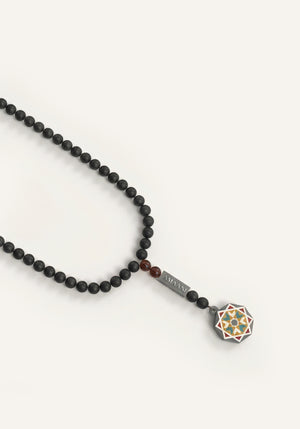 Amaani Dhikr Al-Qalb 99 bead tasbeeh in Onyx with Islamic geometric pendant