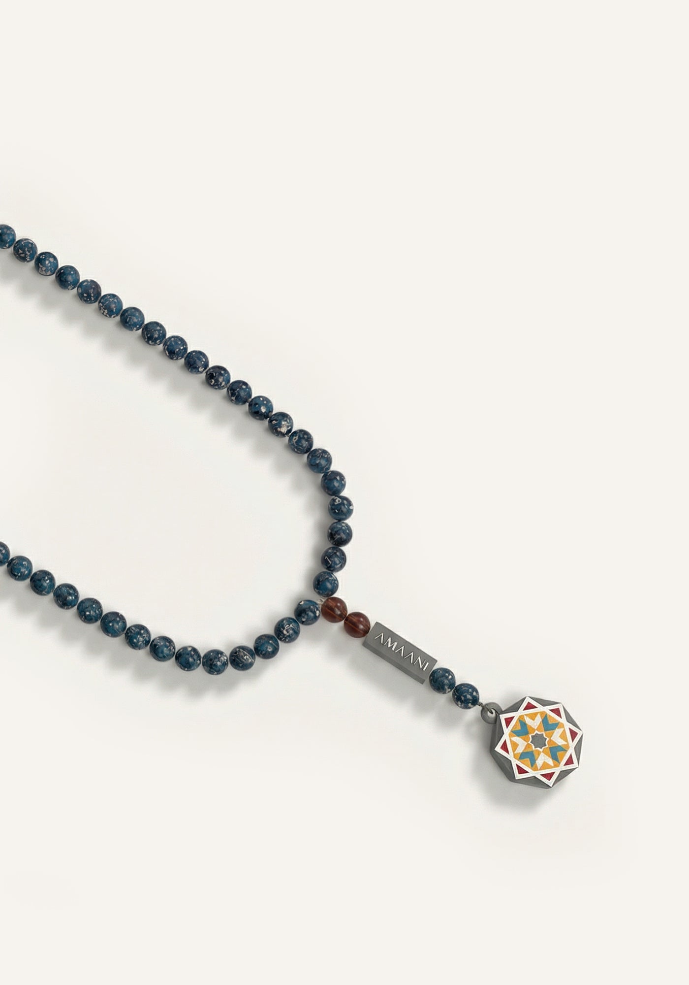 Amaani Dhikr Al-Qalb 99 bead tasbeeh in Midnight with Islamic geometric pendant